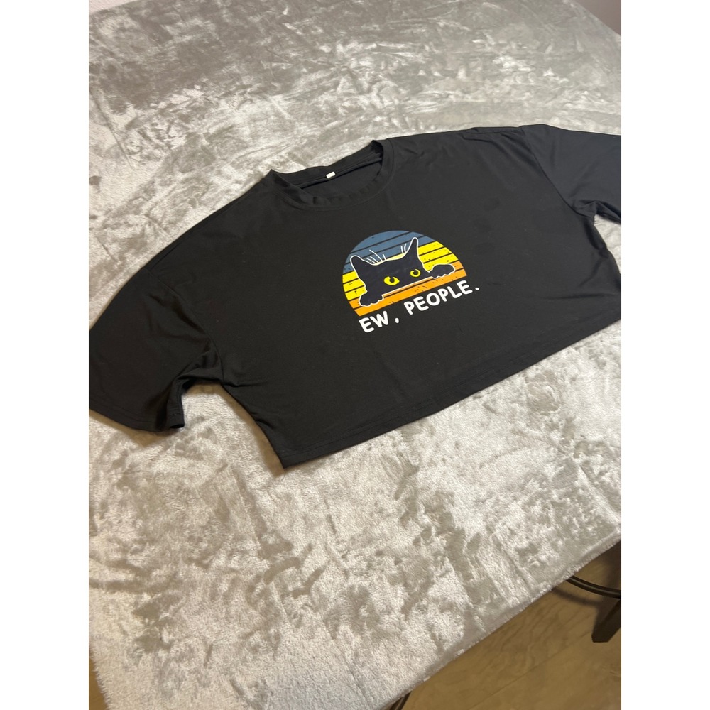 Ew People Cat Retro Sunset Black Crop Top XL Short Sleeve Boxy Graphic Tee - Picture 6 of 11
